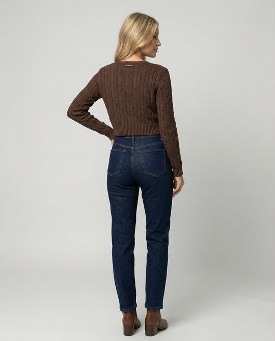 Damen kurzer figurbetonter Zopfmuster-Cardigan mit Rundhalsausschnitt und Knopfleiste R&B