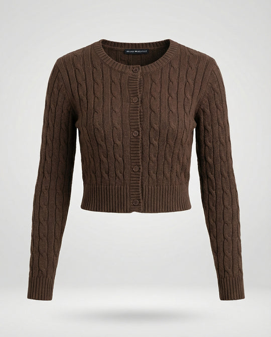Damen kurzer figurbetonter Zopfmuster-Cardigan mit Rundhalsausschnitt und Knopfleiste R&B
