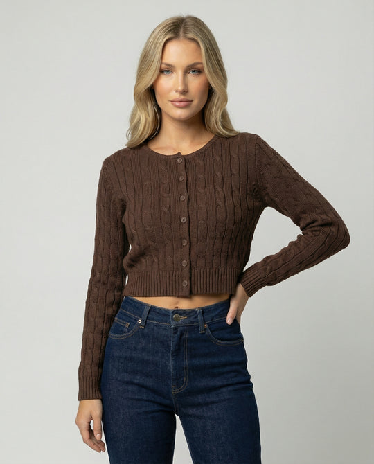 Damen kurzer figurbetonter Zopfmuster-Cardigan mit Rundhalsausschnitt und Knopfleiste R&B