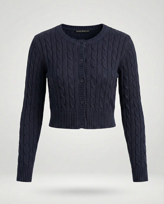Damen kurzer figurbetonter Zopfmuster-Cardigan mit Rundhalsausschnitt und Knopfleiste R&B