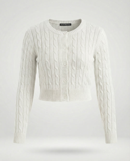 Damen kurzer figurbetonter Zopfmuster-Cardigan mit Rundhalsausschnitt und Knopfleiste R&B