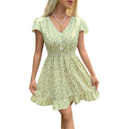 Damen Kurzarm Kleid mit floralen Mustern und elastischem Taillenband R&B