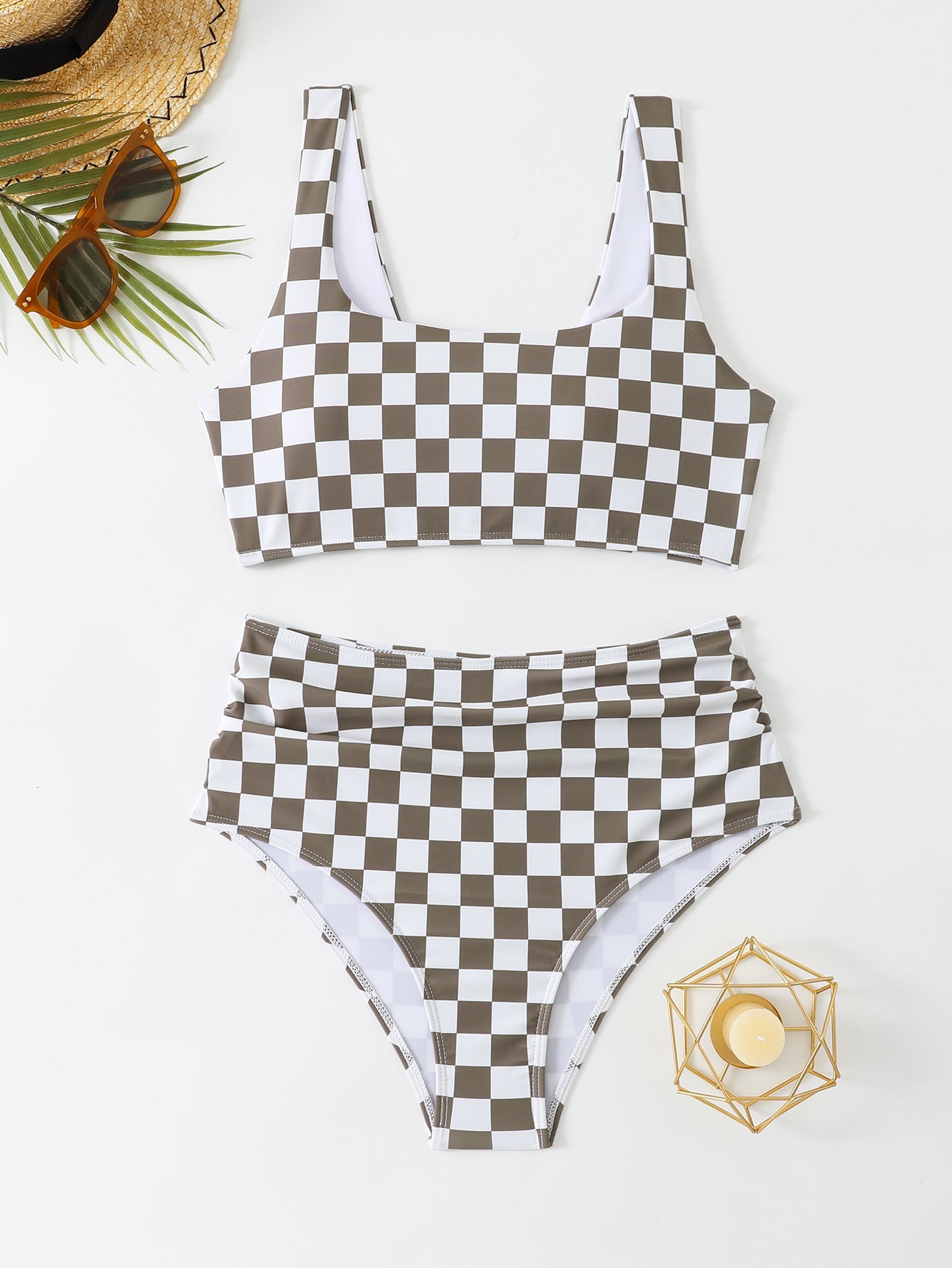 Damen Bikini-Set mit modischem Karomuster und hohem Bund R&B