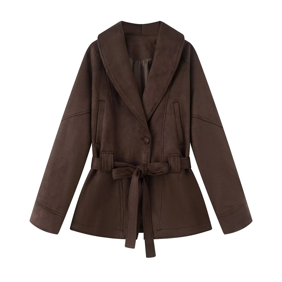 Damen elegante Übergangsjacke mit Bindegürtel und schmeichelndem Revers R&B