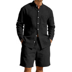 Herren nan sommerliches Leinen-Set mit Stehkragenhemd und Kordelzug-Kurzhose R&B