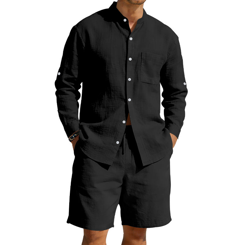 Herren nan sommerliches Leinen-Set mit Stehkragenhemd und Kordelzug-Kurzhose R&B