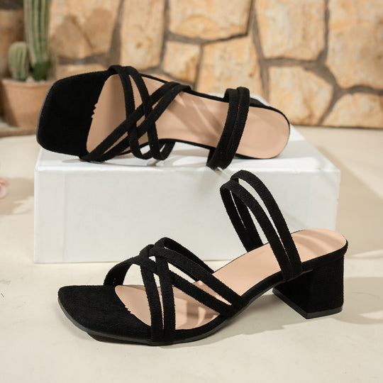 Damen Modische Sandalen mit dekorativen Kreuzriemen und Blockabsatz R&B