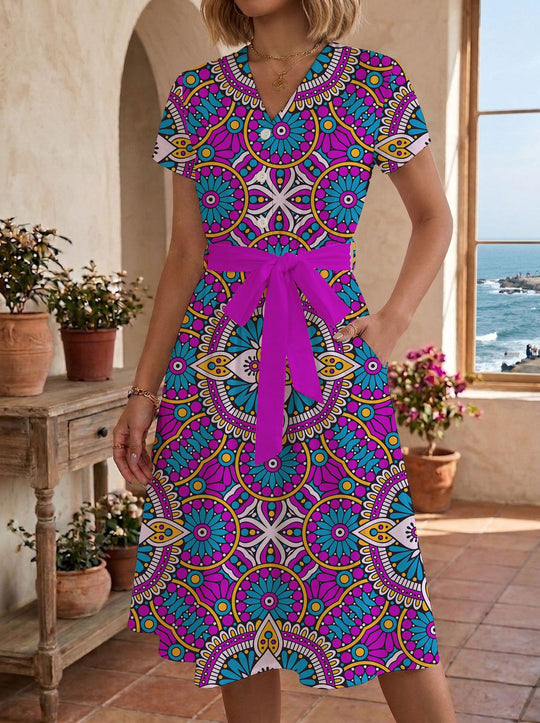 Damen Midi Kleid mit floralen Akzenten und tailliertem Schnitt R&B