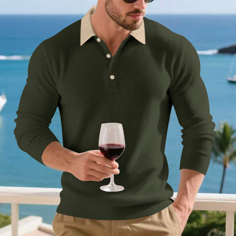 Herren Langarm Poloshirt mit strukturiertem Design und kontrastierendem Stehkragen R&B