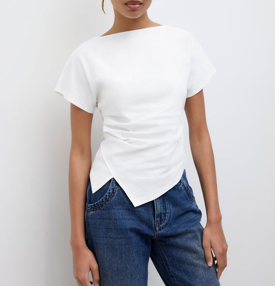 Damen Cropped T-Shirt mit asymmetrischem Schnitt und dekorativem Drapierungseffekt R&B