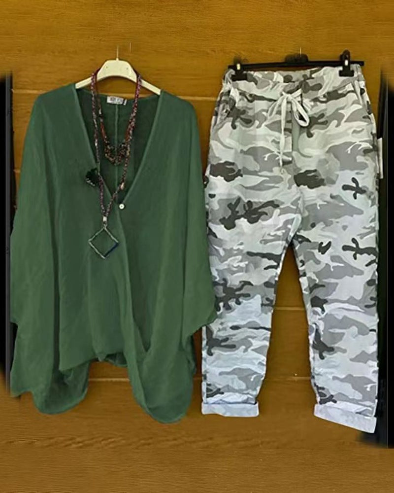 Damen nan Zweiteiler aus fließendem Kimono-Top und Camouflage-Jogginghose R&B
