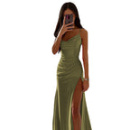 Damen Elegantes Raffung Hoher Schlitz Maxi Kleid R&B