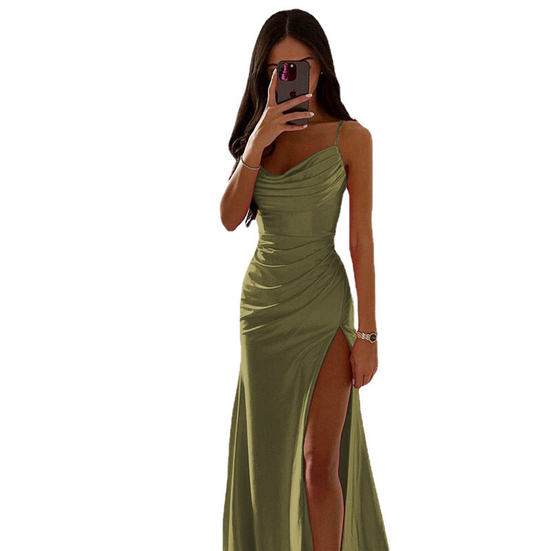 Damen Elegantes Raffung Hoher Schlitz Maxi Kleid R&B