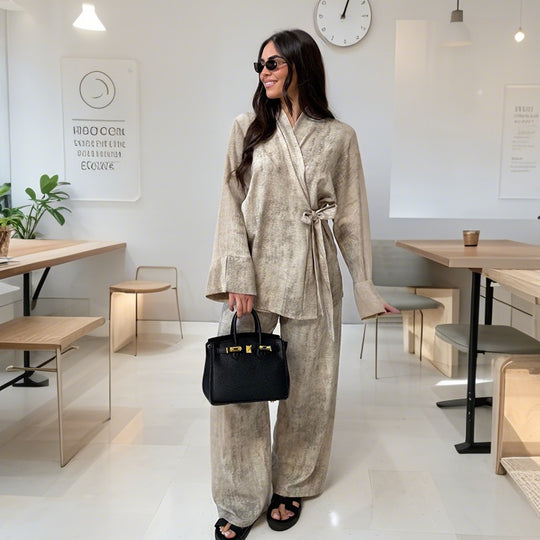 Damen lässiger Kimono-Hosenanzug mit Bindegürtel R&B