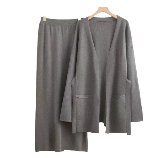 Damen lässiges Strickensemble mit tiefem V-Ausschnitt und praktischen Taschen R&B