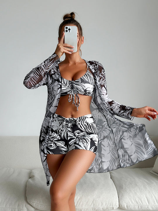 Damen Bikiniset mit luftiger Wickeljacke und floralem Muster R&B