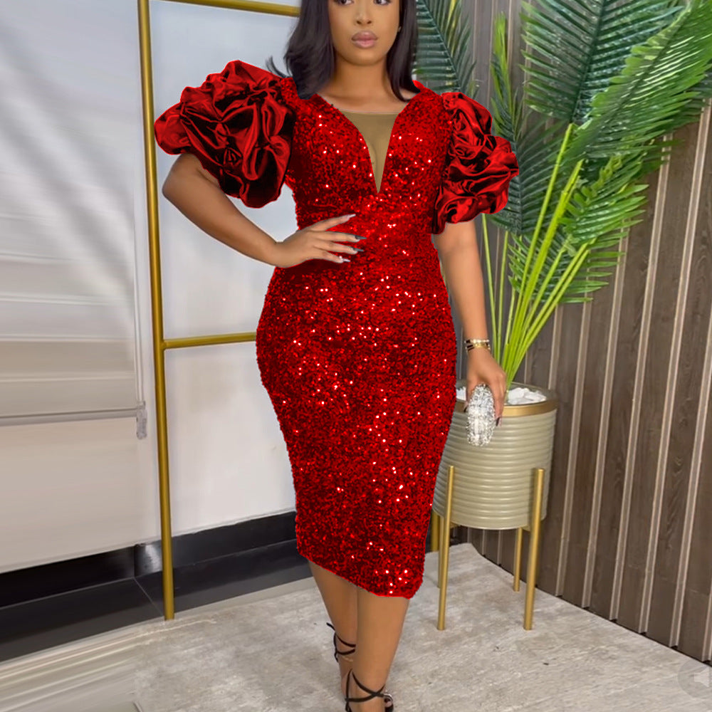 Damen Glamouröses Partykleid mit funkelnden Pailletten und voluminösen Ärmel R&B