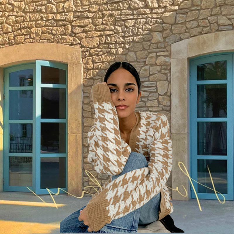 Damen Strickjacke mit großflächigem Hahnentrittmuster und tiefem V-Ausschnitt R&B