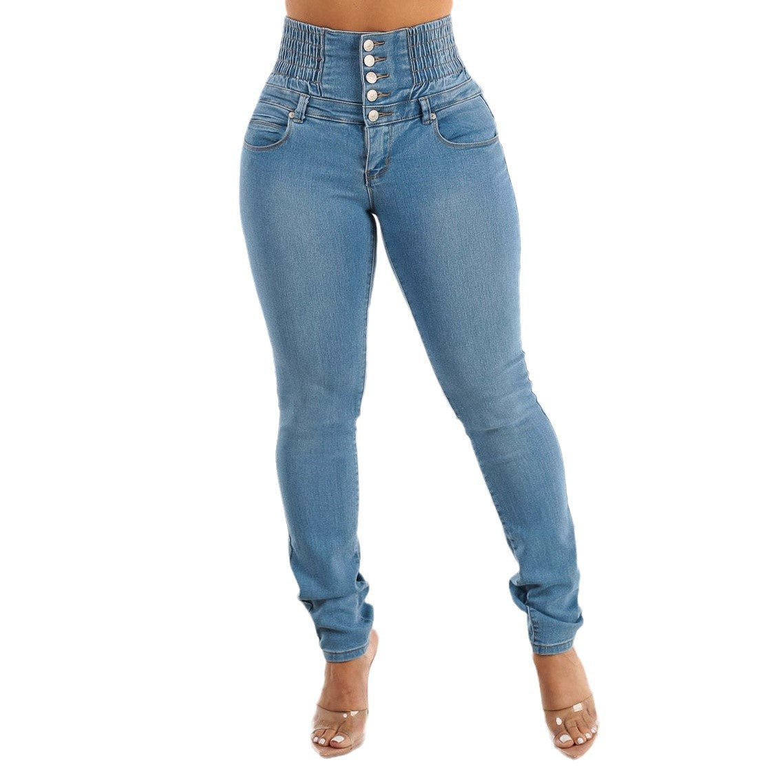 Damen High-Waist Skinny Jeans mit elastischem Bund und dekorativen Knöpfen R&B