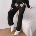 Damen bequeme Strickhose mit floralem Applikationsdesign R&B