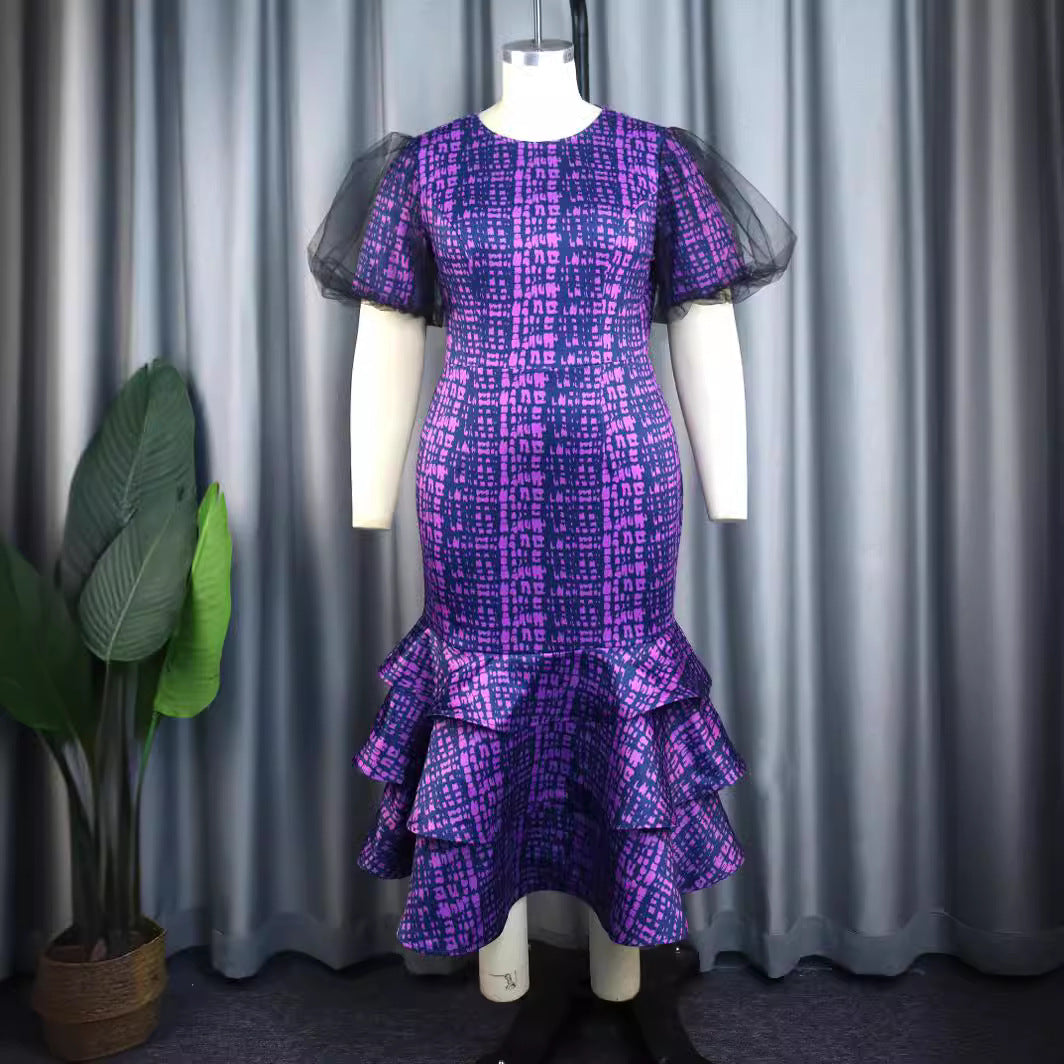 Damen elegantes Abendkleid mit voluminösen Rüschenärmeln und strukturiertem Rock R&B