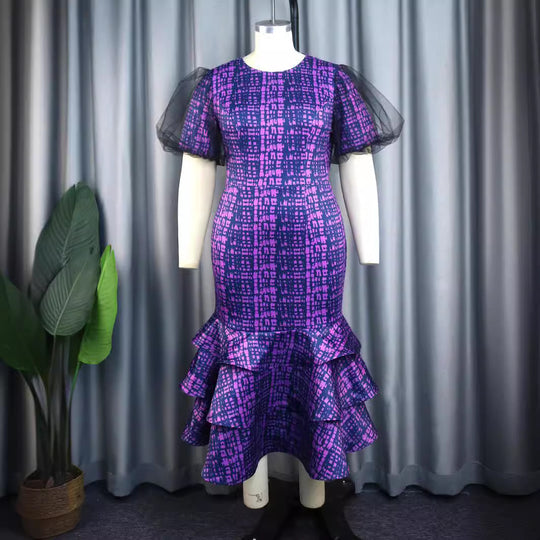 Damen elegantes Abendkleid mit voluminösen Rüschenärmeln und strukturiertem Rock R&B