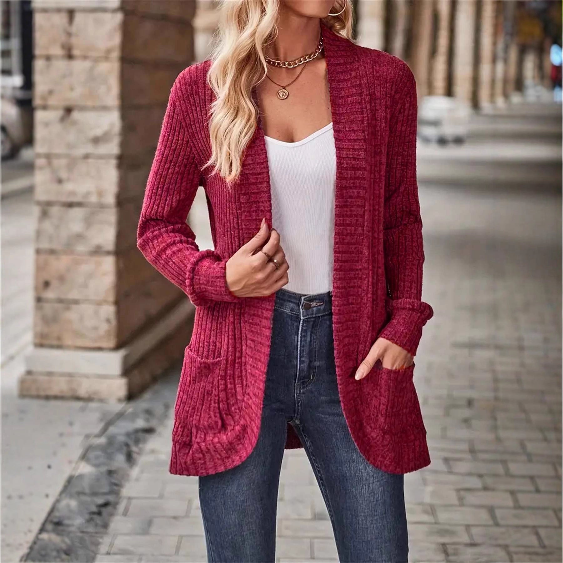 Damen Strickjacke mit offenen Front und praktischen Taschen R&B