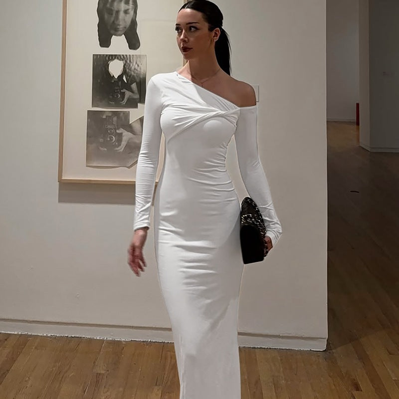 Damen Elegantes langärmliges Kleid mit asymmetrischem Ausschnitt R&B