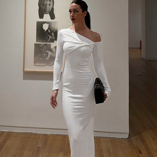 Damen Elegantes langärmliges Kleid mit asymmetrischem Ausschnitt R&B