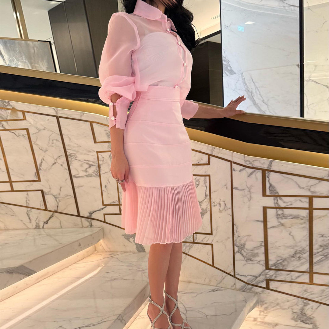 Damen Blusenkleid mit transparenten Ärmeln und Plissee-Rock R&B