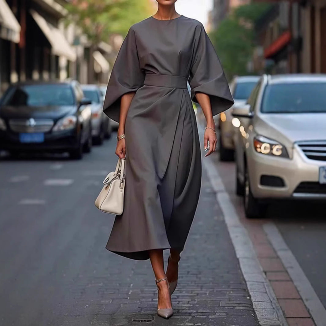 Damen Maxi-Kleid mit voluminösen Ärmeln und elegantem Drapierungsdesign R&B