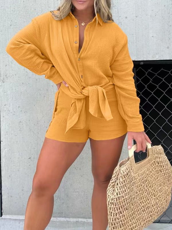 Damen lässiges Krepp-Blusenshirt und Shorts-Set mit taillierbarem Gürtel R&B