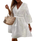 Damen Sommerkleid mit luftigen Trompetenärmel und elegantem Häkelgürtel R&B