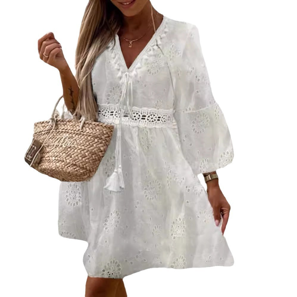 Damen Sommerkleid mit luftigen Trompetenärmel und elegantem Häkelgürtel R&B