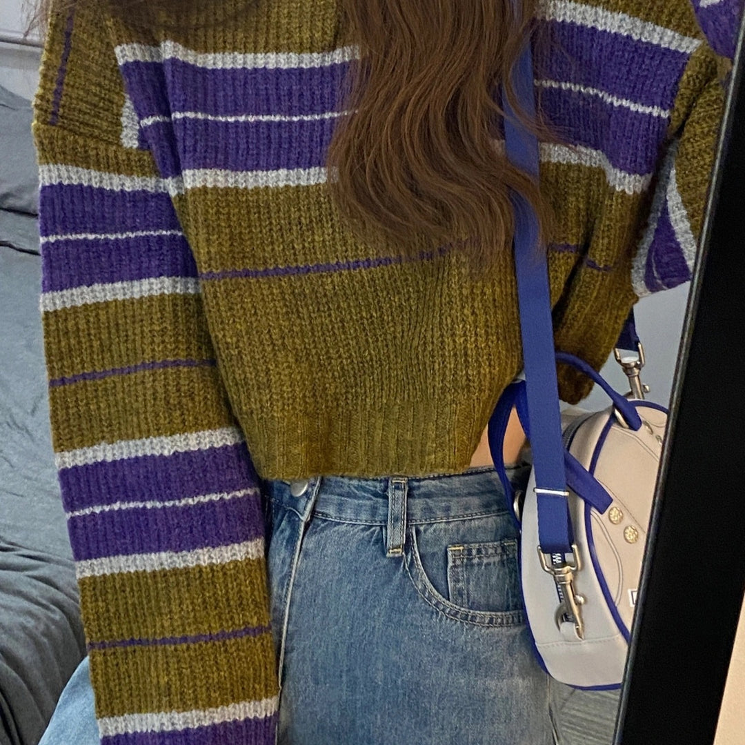 Damen kurz geschnittener Strickpullover mit horizontalem Streifenmuster R&B