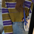 Damen kurz geschnittener Strickpullover mit horizontalem Streifenmuster R&B