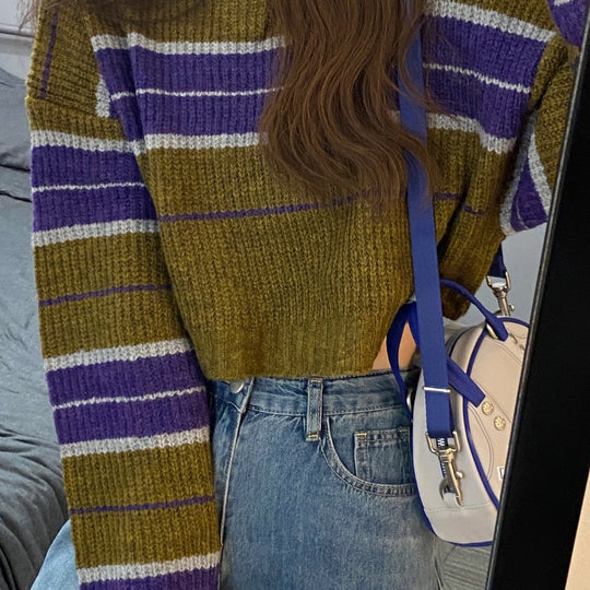 Damen kurz geschnittener Strickpullover mit horizontalem Streifenmuster R&B