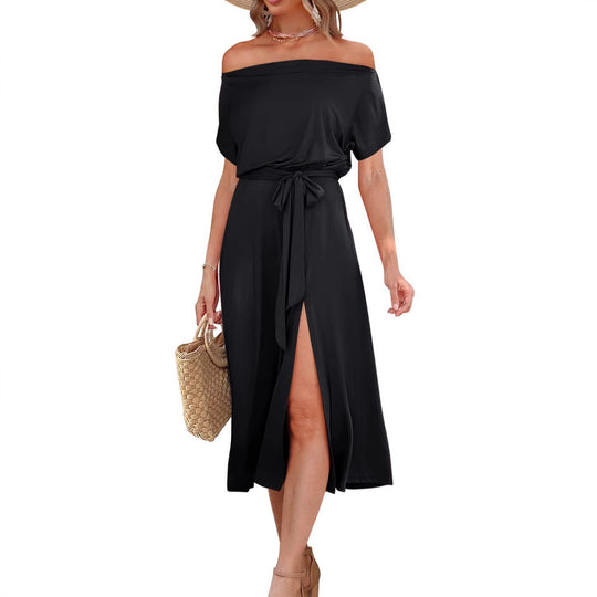 Damen Off-Shoulder Maxikleid mit Taillengürtel und seitlichem Schlitz R&B