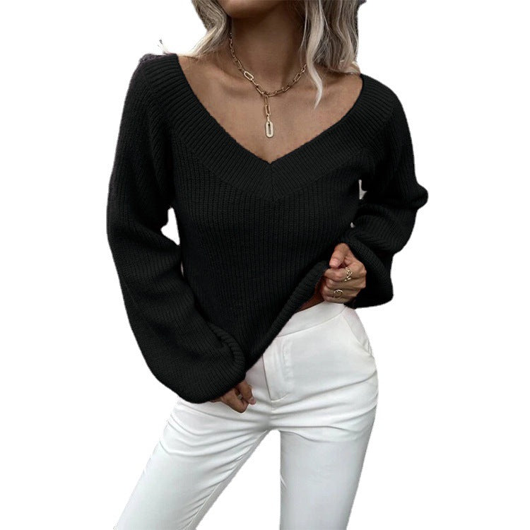 Damen Strickpullover mit V-Ausschnitt und voluminösen Ärmeln R&B