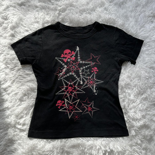 Damen T-Shirt mit kreativem Skull-Design und auffälligem Sternen-Print R&B
