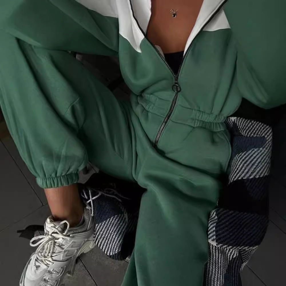 Damen nan zweiteiliges Crop-Zip-Hoodie und Highwaist Relaxhose mit weitem Bein R&B