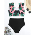 Damen Hochgeschnittener Bikini mit modischem Streifenmuster und floralem Unterteil R&B