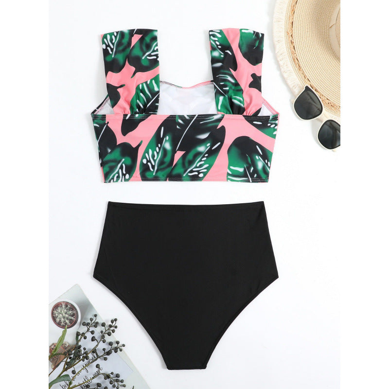 Damen Hochgeschnittener Bikini mit modischem Streifenmuster und floralem Unterteil R&B