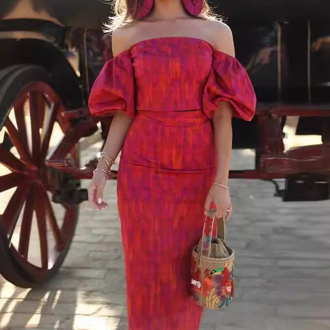 Damen figurbetontes Maxikleid mit Puffärmeln und elegantem V-Ausschnitt R&B