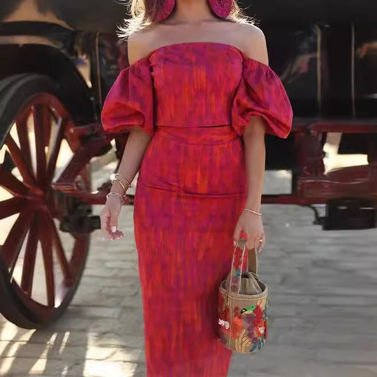 Damen figurbetontes Maxikleid mit Puffärmeln und elegantem V-Ausschnitt R&B