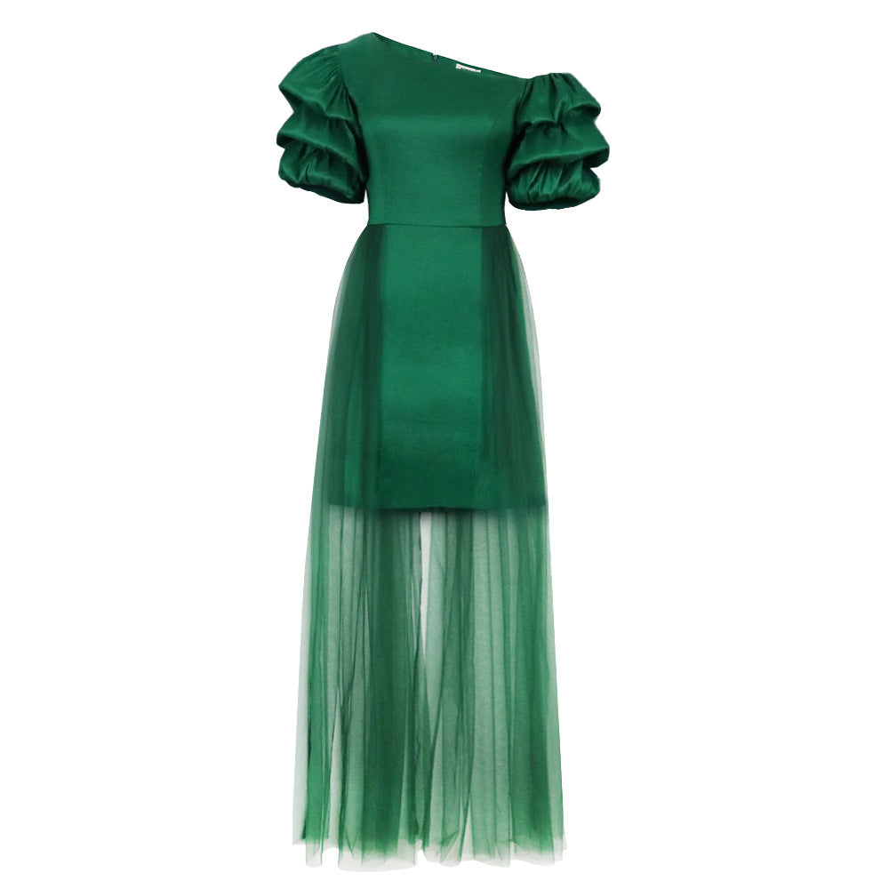 Damen Elegantes Tüllkleid mit asymmetrischem Ausschnitt und voluminösen Puffärmeln R&B