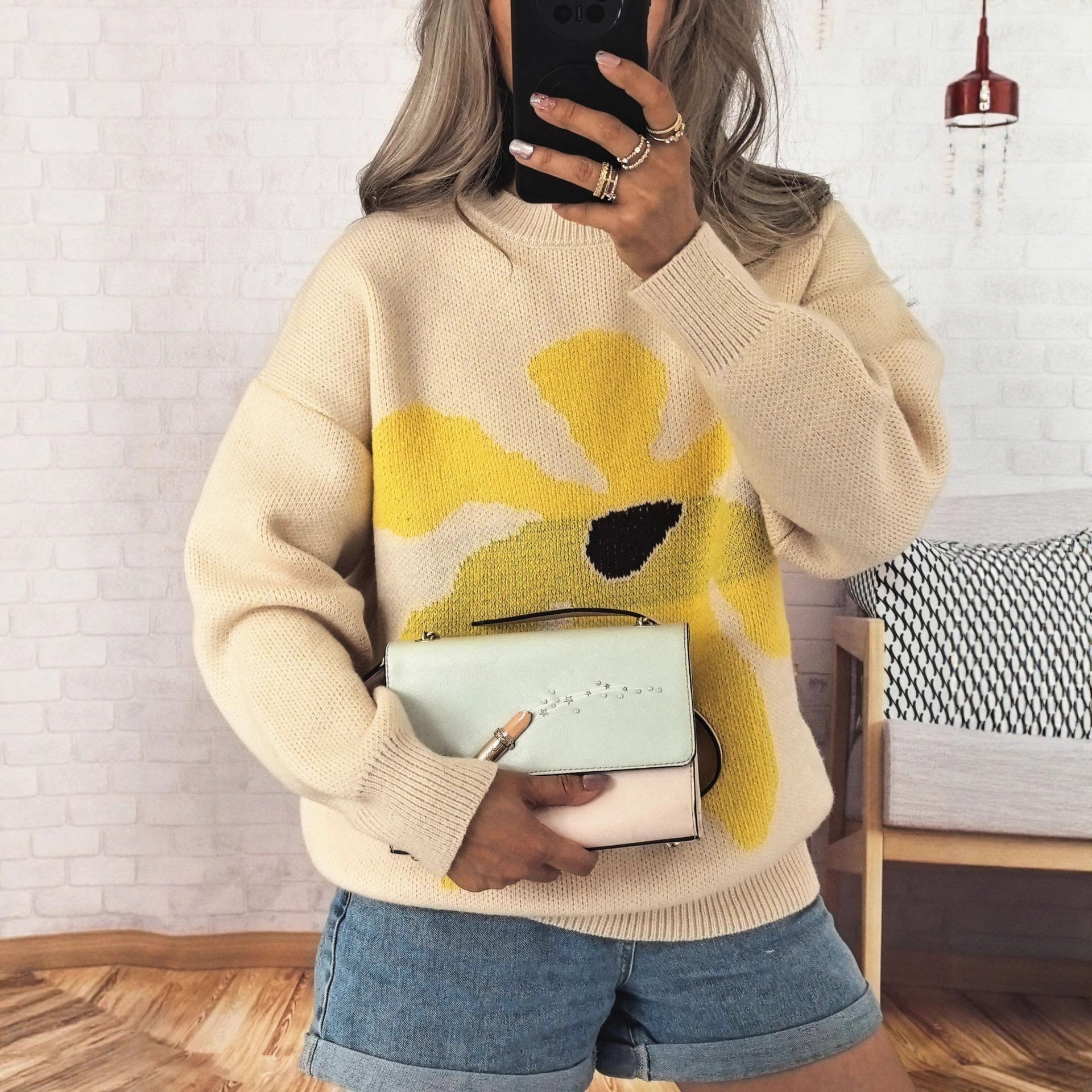 Damen Pullover mit auffälligem Blütenmotiv und lockerer Passform R&B