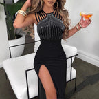 Damen Elegantes Abendkleid mit Strassverzierungen und tiefem Schlitz R&B
