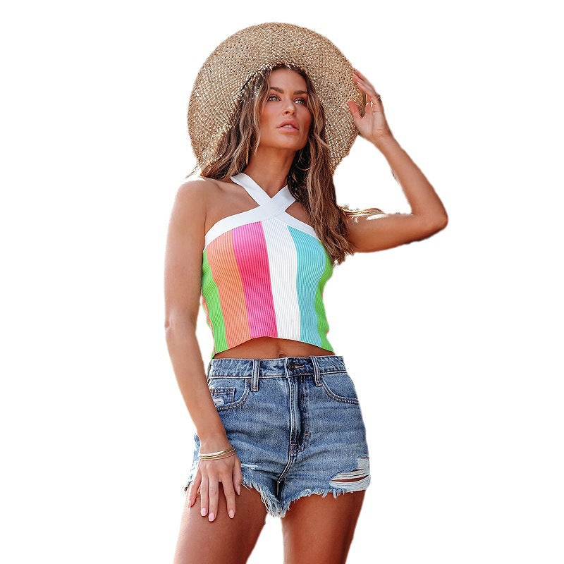 Damen Crop-Top im modernen Grafikdesign mit X-förmigem Träger R&B