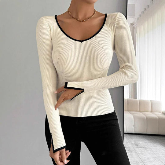 Damen modisches Strickoberteil mit tiefem V-Ausschnitt und eleganter Rippstruktur R&B